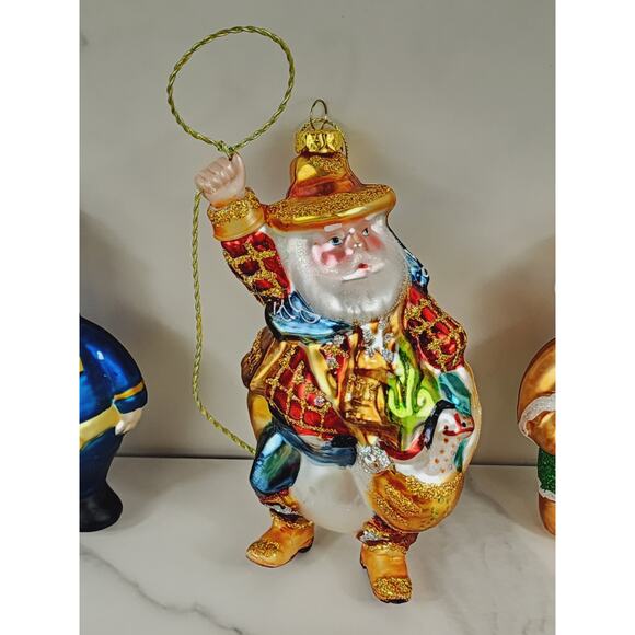 Christmas Blown Glass Ornaments Harold Cop Cowboy Santa Cable Car Pickle x5 Vtg - Picture 6 of 16